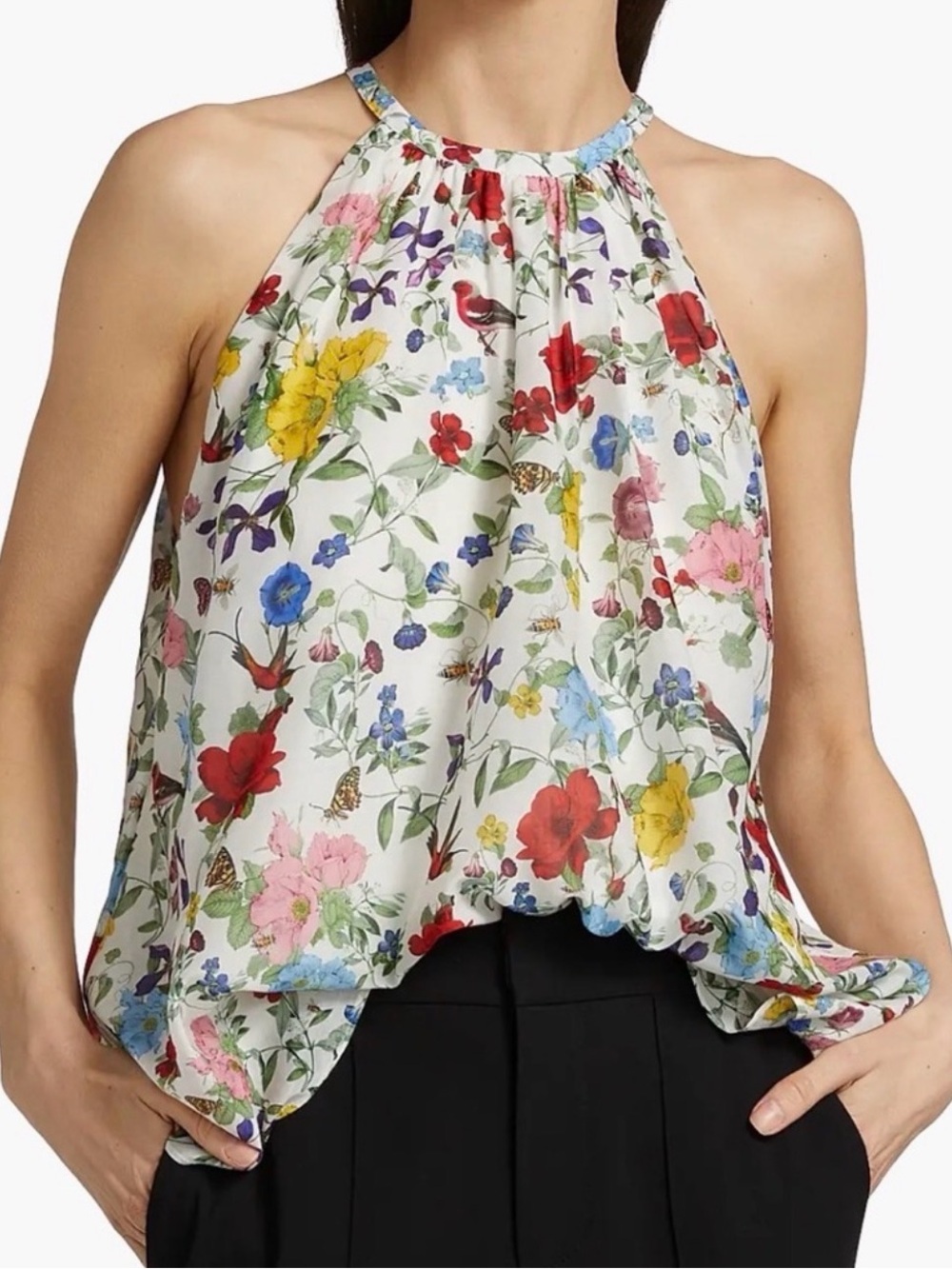 Alice + Olivia White Erna Floral Halter Blousewith Red, Yellow, Blue & Pink